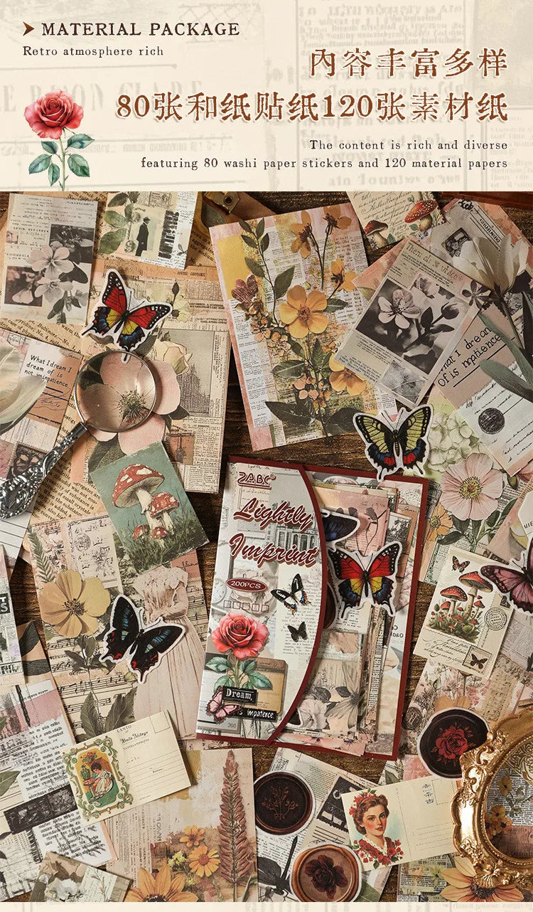 200PCS Vintage Stickers & Scrapbook Papers